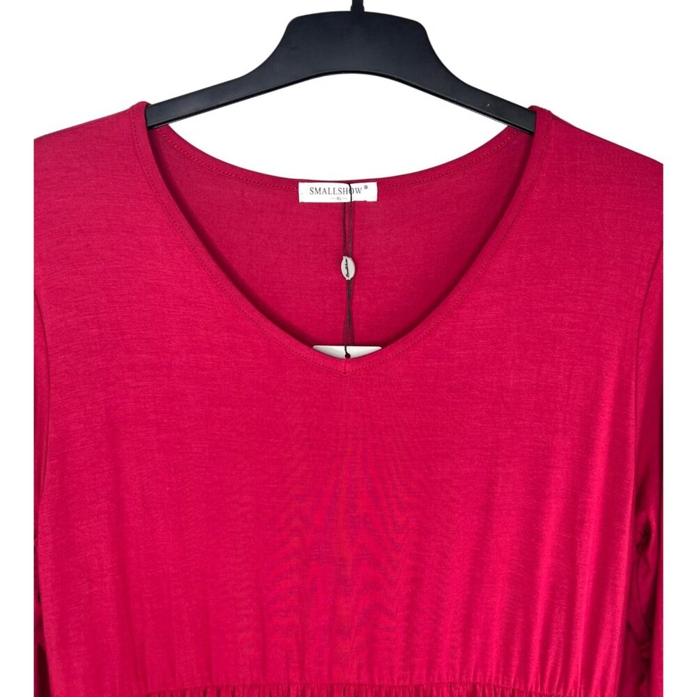Smallshow Red Rayon & Spandex Long Sleeve V-Neck Tiered Maternity Dress - Picture 5 of 14